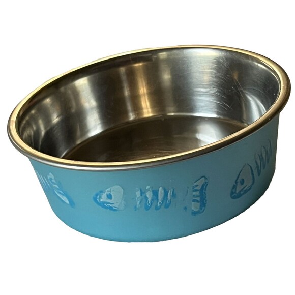 Pet Cat Dog Dish Stainless Steel Metal Food Water Bowl FISH BONE Blue Dishwasher - Picture 1 of 4